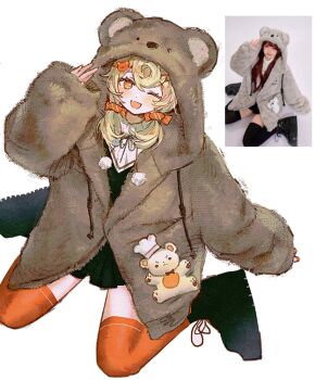 1girl ;d animal_ears animal_hood animal_print arknights bear_ears bear_hood bear_print black_boots blonde_hair boots brown_jacket dr_janglong fake_animal_ears fur_jacket gummy_(arknights) hand_up hood hood_up jacket long_hair long_sleeves looking_at_viewer low_twintails one_eye_closed open_mouth orange_thighhighs photo-referenced photo_inset pom_pom_(clothes) reference_inset sitting smile solo stuffed_animal stuffed_toy teddy_bear thighhighs twintails wariza