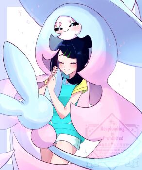 1girl black_hair blue_hoodie blush closed_eyes closed_mouth commentary_request gen_8_pokemon hair_bun hatterene hood hoodie hug liko_(pokemon) miigon99999 nintendo pokemon pokemon_(anime) pokemon_(creature) pokemon_horizons short_hair short_sleeves shorts smile white_shorts