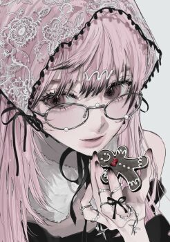 Rule 34 | 1girl, bare shoulders, black nails, brown eyes, close-up, food, fur collar, gingerbread man, glass, gradient nails, grey-framed eyewear, headscarf, highres, holding, holding food, jewelry, kirochy, multicolored nails, original, pink hair, round eyewear, see-through clothes, see-through headwear