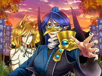 2girls animal_ear_fluff animal_ears autumn autumn_leaves banner beak_mask blonde_hair blue_eyes blue_hair blue_hat blue_kimono breasts closed_mouth cloud eyeshadow fox_ears fox_girl green_eyeshadow green_ribbon hair_between_eyes hat highres iizunamaru_megumu japanese_clothes kimono kudamaki_tsukasa large_breasts leaf long_bangs long_hair looking_at_viewer makeup multiple_girls neck_ribbon open_mouth orange_sky outdoors reaching reaching_towards_viewer ribbon ryuuichi_(f_dragon) shirt sky sleeve_ribbon smile sunset tokin_hat touhou white_shirt yellow_eyes