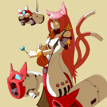 Rule 34 | 1girl, alternate costume, animal ears, blazblue, blazblue: calamity trigger, bracelet, candy, cowboy shot, eyebrows, female focus, floating, food, glasses, graimmer, hair ribbon, holding, jewelry, kokonoe (blazblue), lab coat, lollipop, long hair, long sleeves, machine, mecha, multiple tails, pants, pink hair, red pants, ribbon, robot, solo, standing, tail, yellow eyes, yellow ribbon
