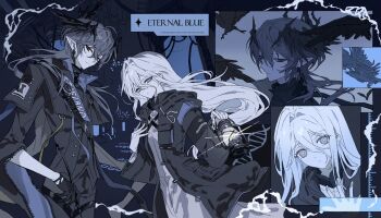 1boy 1girl absurdres arknights bird black_coat black_gloves blue_background coat commentary cowboy_shot crow doctor_(arknights) dress english_commentary female_doctor_(arknights) frown gloves grey_eyes grey_hair hand_up head_wings highres holding holding_lantern holding_pen lantern logos_(arknights) long_hair long_sleeves looking_at_viewer oc_x_canon pen pointy_ears ra_g0m red_eyes second-party_source simple_background white_dress white_hair wings