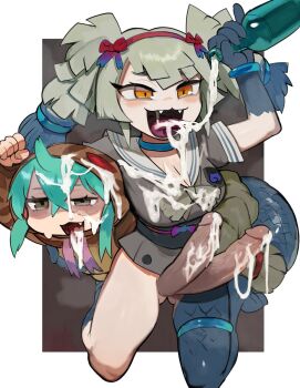 1futa 1girl :d animal_hood aqua_hair arm_up asymmetrical_legwear black_sash blue_gloves blue_hair blue_socks blue_tail blue_thighhighs bottle bow bow_hairband bowtie breasts bukkake cleavage clenched_hand crossed_bangs cum cum_in_mouth cum_on_body cum_on_breasts cum_on_clothes cum_on_hair cum_on_penis cum_on_tongue cum_on_upper_body erection extra_penises fang fangs forked_tongue futanari gloves grey_bow grey_bowtie grey_eyes grey_hair grey_shirt hairband highres holding holding_bottle hood hood_up japari_symbol jewelry jpeg_artifacts kemono_friends kneehighs large_breasts large_penis long_hair multicolored_hair neck_ring obi obijime open_mouth orange_eyes penis pinky_out raichiyo red_hairband sailor_collar sash shirt short_hair short_sleeves single_kneehigh single_sock single_thighhigh smile snake_hood snake_tail socks sweat tail thighhighs thighlet tongue tongue_out tsuchinoko_(kemono_friends) twintails two-tone_hair uncensored uneven_eyes uneven_legwear white_sailor_collar yamata_no_orochi_(kemono_friends)