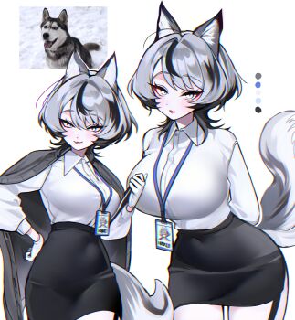 1girl absurdres animal_ear_fluff animal_ears arms_behind_back black_hair black_skirt blush breasts chromatic_aberration clipboard closed_mouth collared_shirt commentary cowboy_shot dog_ears dog_girl dog_tail gloves grey_hair hand_on_own_hip haze_(7h4ze) highres holding holding_clipboard husky id_card lanyard large_breasts long_sleeves looking_at_viewer medium_hair multicolored_hair multiple_views office_lady open_mouth original pencil_skirt personification reference_inset shirt simple_background skirt solo tail tail_raised tongue tongue_out two-tone_hair white_background white_eyes white_gloves white_shirt