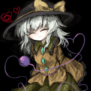 1girl black_background black_hat bow buttons closed_eyes closed_mouth commentary_request contrast_collar cowboy_shot diamond_button facing_viewer floral_print frilled_shirt_collar frills green_skirt hat hat_bow hat_ribbon heart heart_of_string heripantomorrow komeiji_koishi long_sleeves looking_at_viewer medium_hair print_skirt ribbon rose_print shirt simple_background skirt smile solo standing third_eye touhou white_hair wide_sleeves yellow_bow yellow_ribbon yellow_shirt