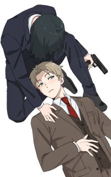 2boys ahoge antenna_hair black_hair black_jacket black_pants black_shoes black_suit blonde_hair blue_eyes breast_pocket brown_jacket brown_pants brown_vest collared_shirt commentary cowboy_shot curtained_hair dress_pants dress_shoes expressionless finger_on_trigger fingernails formal_clothes from_above full_body gun hand_on_another's_shoulder hand_on_own_stomach handgun holding holding_gun holding_weapon hunched_over jacket knee_up lap_pillow light_blush long_sleeves looking_at_another lying male_focus multiple_boys necktie on_back open_clothes open_jacket pants pocket red_necktie shirt shoes short_hair sideburns sideways_glance simple_background snsikwii spy_x_family suit suit_jacket twilight_(spy_x_family) very_short_hair vest waistcoat weapon white_background white_shirt yaoi yuri_briar