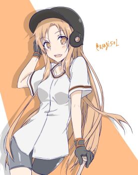 1girl :d alternate_costume artist_name asagi501 asuna_(sao) baseball_bat baseball_helmet bike_shorts black_gloves black_helmet black_shorts breasts brown_eyes brown_hair collarbone commentary_request cowboy_shot drop_shadow full_body gloves hand_on_own_head hand_up helmet holding holding_baseball_bat light_blush long_hair looking_at_viewer medium_breasts open_mouth orange_background parted_bangs shirt short_shorts short_sleeves shorts skinned smile solo standing sword_art_online twitter_username variant_set watermark white_background white_shirt