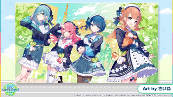 4girls ;d alternate_costume alternate_hairstyle aqua_eyes artist_name beret black_hat black_jacket black_pantyhose black_shoes blue_eyes blue_hair blue_necktie blue_skirt braid brown_hair closed_mouth cloud commentary_request company_name copyright_notice cropped_jacket dress flower frilled_dress frills grey_eyes guest_art hair_between_eyes hair_ornament hanasato_minori hat highres hinomori_shizuku jacket kiritani_haruka leg_up long_sleeves momoi_airi more_more_jump!_(project_sekai) multiple_girls necktie official_art one_eye_closed open_clothes open_jacket open_mouth orange_flower pantyhose pink_eyes pink_hair project_sekai puffy_long_sleeves puffy_sleeves saine second-party_source shoes skirt smile statue sweater thighhighs watermark web_address white_dress white_flower white_hat white_sweater white_thighhighs x_hair_ornament