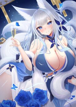 1girl alcohol animal_ear_fluff animal_ears azur_lane bare_shoulders blue_butterfly blue_collar blue_dress blue_eyes breasts bug butterfly champagne champagne_flute cleavage collar cup dated dress drinking_glass feather_boa fox_ears grey_hair hair_ornament halter_dress halterneck highres holding holding_cup insect kitsune large_breasts large_tail long_hair looking_at_viewer official_alternate_costume shinano_(azur_lane) shinano_(dreams_of_the_hazy_moon)_(azur_lane) tail tsuri_pi white_tail wrist_flower