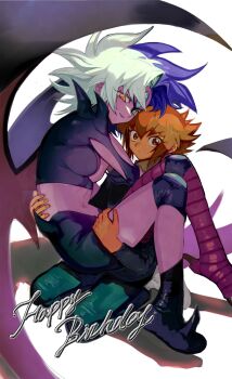 1boy 1other black_shirt blue_pants breasts brown_eyes brown_hair colored_skin commentary_request demon_wings duel_monster green_eyes happy_birthday heterochromia highres medium_hair multicolored_hair orange_eyes pants purple_hair purple_lips purple_skin shirt simple_background smile tawashipurin third_eye two-tone_hair white_background white_hair wings yu-gi-oh! yu-gi-oh!_gx yubel yuki_judai