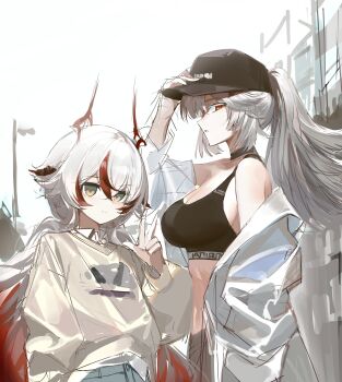 2girls absurdres alternate_costume baiser3rd baseball_cap breasts choker collar commentary_request coralie_6626_planck coralie_6626_planck_(behold!_fate-defying_dragon) erdos_helia erdos_helia_(planar_armament:_warped_spacetime) green_eyes hand_on_headwear hat highres honkai_(series) honkai_impact_3rd horns korean_commentary large_breasts long_hair midriff multiple_girls off_shoulder outdoors pants ponytail red_streaks shirt sports_bra v very_long_hair white_hair yellow_eyes