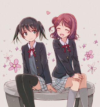 2girls black_hair black_jacket black_thighhighs blush closed_eyes collared_shirt commentary flower_symbol gradient_hair green_eyes green_hair grey_background grey_socks grey_sweater hair_between_eyes hair_bun hair_ornament hairclip hands_on_own_knee heart jacket kneehighs looking_at_another love_live! love_live!_nijigasaki_high_school_idol_club medium_hair multicolored_hair multiple_girls neck_ribbon nijigasaki_school_uniform open_clothes open_jacket open_mouth pink_hair plaid_clothes plaid_skirt pleated_skirt red_ribbon ribbon school_uniform shirt single_side_bun sitting skirt smile socks sweater takasaki_yu thighhighs twintails two-tone_hair uehara_ayumu white_shirt winter_uniform yakka