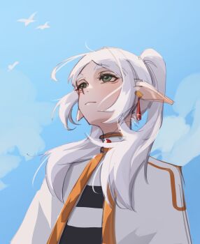 1girl bird blue_sky capelet cloud commentary elf en_(eninabox) english_commentary frieren gold_trim green_eyes grey_hair hair_over_shoulder highres long_pointy_ears looking_up outdoors pointy_ears revision shirt sky smile solo sousou_no_frieren striped_clothes striped_shirt thick_eyebrows twintails upward_angle_frieren_drawing_(meme) white_capelet