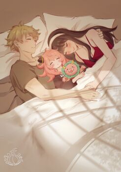 1boy 2girls absurdres anya_(spy_x_family) artist_logo bare_shoulders black_hair black_shirt blonde_hair blush breasts camisole child chinese_commentary cleavage closed_eyes closed_mouth collarbone commentary_request family father_and_daughter garlic_gummy hairband hairpods hand_on_another&#039;s_shoulder head_on_pillow highres holding holding_hands holding_stuffed_toy logo long_hair long_sidelocks lying medium_breasts medium_hair mother_and_daughter multiple_girls on_back on_bed parted_lips pillow pink_hair red_camisole shirt short_hair sidelocks single_sidelock sleeping smile spy_x_family stuffed_animal stuffed_toy t-shirt twilight_(spy_x_family) under_covers white_hairband yor_briar