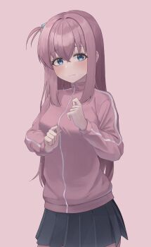 1girl absurdres black_skirt blue_eyes blush bocchi_the_rock! clenched_hands closed_mouth commentary cowboy_shot crossed_bangs cube_hair_ornament eyelashes film_grain frown furrowed_brow gotoh_hitori hair_between_eyes hair_ornament hands_up highres jacket korean_commentary long_hair long_sleeves looking_at_viewer miniskirt one_side_up pink_background pink_hair pink_jacket pleated_skirt sidelocks simple_background skirt solo springrain_06 straight_hair track_jacket very_long_hair zipper