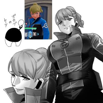 1girl breasts character_request commentary_request from_below greyscale headset highres jacket large_breasts monochrome nintendo pokemon pokemon_legends:_z-a ponytail reference_inset saijindan smile translation_request