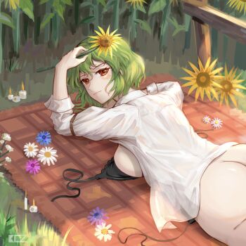 1girl absurdres arm_strap ass black_bra blush bottomless bra breasts butt_crack candle collared_shirt commentary dated_commentary edz_drawz flower grass green_hair hair_between_eyes highres kazami_yuuka light_blush long_sleeves looking_at_viewer looking_back lying on_stomach open_bra open_clothes open_shirt panties plaid_rug red_eyes revision shirt short_hair side-tie_panties signature solo sunflower touhou unbuttoned underwear undone_bra untied_panties white_shirt
