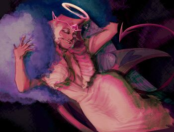 Rule 34 | 1girl, angel wings, breasts, colored skin, commentary, cookie run, cookie run: kingdom, demon girl, demon tail, demon wings, dress, english commentary, eternal sugar cookie, fauvatza, highres, long hair, pink hair, pink skin, solo, tail, very long hair, white dress, wings