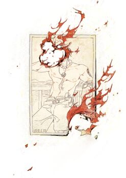 1boy arm_tattoo burning burning_photo cowboy_shot dated fire hat highres jewelry log_pose male_focus necklace one_piece pearl_necklace photo_(object) portgas_d._ace shorts siyangou49 solo tattoo topless_male