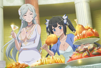 brick_wall cup danmachi_battle_chronicle dress drinking_glass dungeon_ni_deai_wo_motomeru_no_wa_machigatteiru_darou_ka food freya_(danmachi) hestia_(danmachi) jewelry meat necklace plate smile wine_glass