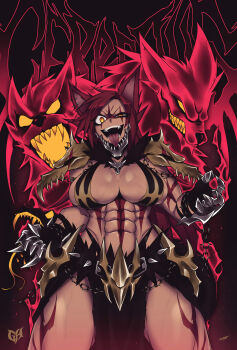 Rule 34 | 1girl, abs, absurdres, animal ears, animal skull, body markings, breasts, character request, commentary, constricted pupils, copyright request, cowboy shot, dark-skinned female, dark skin, dog ears, dog girl, english commentary, facial mark, fangs, fur (clothing), gauntlets, half-closed eye, highres, large breasts, loincloth, long hair, looking at viewer, muscular, muscular female, open mouth, red background, red hair, smile, solo, spiked gauntlets, st41nn, tongue, tongue out, uneven eyes, yellow eyes