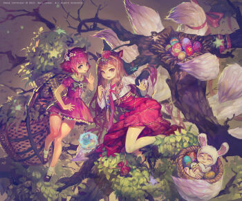 1boy 2girls ahri_(league_of_legends) alternate_costume animal_costume animal_ears annie_(league_of_legends) artist_name bare_legs basket blue_fire bobby_socks bow brown_eyes brown_hair cottontail_teemo crab_d crown dress earrings easter easter_egg egg facial_mark fake_horns fangs fire flipped_hair fox_ears fox_tail hair_ornament horns in_basket in_container in_tree index_finger_raised jewelry league_of_legends long_hair long_sleeves looking_at_viewer mini_crown multiple_girls multiple_tails orb pink_dress pink_hair pouch rabbit_costume red_dress shoes short_hair short_sleeves slit_pupils smile socks star_(symbol) star_earrings star_hair_ornament tail tassel teemo tongue tongue_out traditional_clothes tree whisker_markings