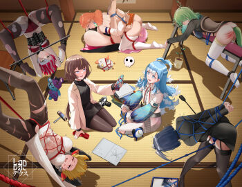 6+girls anya_melfissa arms_behind_back barefoot bdsm blue_eyes blue_hair blush bondage bound bound_ankles bound_arms bound_legs breast_bondage breasts ceres_fauna cropped_hoodie crotch_rope cunnilingus drawstring earrings feather_earrings feathers feet femdom group_sex highres holding hololive hololive_english hololive_indonesia hood hoodie jacket jewelry kaela_kovalskia kobo_kanaeru kobo_kanaeru_(1st_costume) kureiji_ollie landacdeus liquid_hair long_hair long_sleeves medium_breasts mori_calliope mori_calliope_(1st_costume) multicolored_hair multiple_girls navel open_mouth oral ouro_kronii raincoat red_rope restrained rope see-through_clothes see-through_jacket shibari shibari_over_clothes sleeves_past_fingers sleeves_past_wrists small_breasts smile suspension takanashi_kiara takanashi_kiara_(1st_costume) toes two-tone_hair udin_(kureiji_ollie) virtual_youtuber white_hair white_hoodie yuri