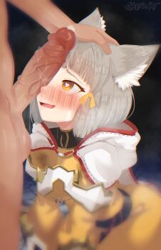 Rule 34 | 1girl, absurdres, animal ear fluff, animal ears, blunt bangs, blush, bodysuit, bow, brown eyes, cat ears, cat girl, cheeso art, clothed female nude male, erection, eyelashes, grey hair, hair bow, hand on another's head, heart, heart-shaped pupils, hetero, highres, hood, hood down, long sleeves, medium hair, medium penis, nia (xenoblade), nude, one eye covered, open mouth, orange bodysuit, penis, penis awe, penis on face, precum, solo, steaming body, symbol-shaped pupils, uncensored, veins, veiny penis, xenoblade chronicles (series), xenoblade chronicles 2, yellow bow