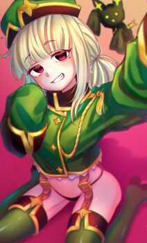 Rule 34 | 1girl, araga kiwi, black panties, blonde hair, boots, breasts, commentary request, green boots, green hat, green jacket, grin, hat, highres, jacket, leoparde (mahou shoujo ni akogarete), looking at viewer, mahou shoujo ni akogarete, mole, mole under eye, panties, red eyes, sitting, sleeves past fingers, sleeves past wrists, smile, thigh boots, underwear, user ujes2472, venalita, wariza