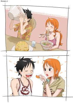 1boy 1girl bangle bare_shoulders black_hair blush bowl bracelet breasts camisole chopsticks cleavage closed_eyes collarbone commentary_request cup eating facial_scar feeding floral_print food food_on_face fruit highres holding holding_bowl holding_chopsticks holding_food jewelry large_breasts log_pose long_hair looking_at_another low_ponytail mandarin_orange monkey_d._luffy nami_(one_piece) noodles norisiro_0 one_piece open_clothes open_mouth open_shirt orange_hair plate ponytail print_shirt ramen red_camisole rice scar scar_on_cheek scar_on_face shirt short_hair short_sleeves sidelocks single_sidelock sweat table tank_top upper_body white_tank_top yellow_shirt