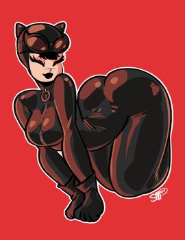 1girl absurdres all_fours ass batman_(series) black_bodysuit black_gloves black_hair black_lips bodysuit breasts catwoman closed_eyes dc_comics gloves goggles goggles_on_head highres outline red_bodysuit selina_kyle sgtmadness short_hair simple_background small_breasts solo white_outline zolo