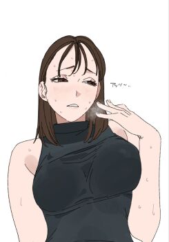 1girl billyonthestraw breasts breath brown_eyes brown_hair commentary_request eyelashes fanning_face half-closed_eyes hashtag-only_commentary highres hot large_breasts looking_to_the_side medium_hair original parted_lips simple_background sleeveless sleeveless_turtleneck solo sweat translation_request turtleneck upper_body white_background