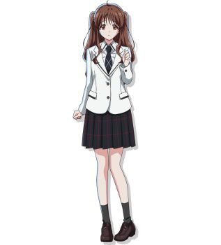 Rule 34 | 1girl, anime coloring, black skirt, black socks, breasts, brown eyes, brown hair, closed mouth, collared shirt, full body, hashidate kana, hazurewaku no joutai ijou skill de saikyou ni natta ore ga subete wo juurin suru made, highres, jacket, kashima kobato, large breasts, loafers, long hair, long sleeves, looking at viewer, necktie, pleated skirt, shirt, shoes, simple background, skirt, socks, solo, standing, transparent background, twintails, very long hair, white shirt