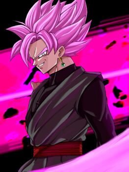 1boy black_shirt cowboy_shot dougi dragon_ball dragon_ball_super earrings goku_black grey_eyes grey_tunic highres jewelry male_focus medium_hair pink_hair potara_earrings red_sash sash shin_(mrgt2288) shirt smirk solo spiked_hair tunic