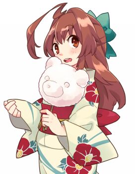 Rule 34 | 1girl, ahoge, blush, bow, brown eyes, brown hair, commentary request, cotton candy, floral print, food, green bow, hair between eyes, hair bow, holding, holding cotton candy, holding food, huge ahoge, japanese clothes, kantai collection, kimono, kuma (kancolle), kuma (yukata) (kancolle), long hair, long sleeves, looking at viewer, obi, ohagi (iihatobu05), open mouth, sash, simple background, solo, white background, wide sleeves, yukata