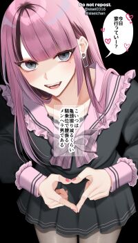 Rule 34 | 1boy, black dress, black hair, blunt sidelocks, blush, bow, collarbone, crossdressing, crossdressing (mtf), dress, earlobe stretcher, earrings, frilled dress, frilled sailor collar, frilled sleeves, frills, grey eyes, grey pantyhose, heart, heart hands, heart in eye, highres, hime cut, jewelry, jirai kei, leaning forward, long hair, long sidelocks, long sleeves, looking at another, looking at viewer, makeup, male focus, mole, mole under eye, multicolored dress, multicolored hair, nail polish, open mouth, original, pantyhose, parted bangs, pink bow, pink dress, pink hair, pink sailor collar, pink sleeves, plaid bow, pleated dress, pov, red nails, roots (hair), sailor collar, sailor dress, shisei (kyuushoku banchou), sidelocks, simple background, solo, speech bubble, standing, straight hair, streaked hair, swept bangs, symbol in eye, teeth, translated, trap, upper teeth only, upturned eyes