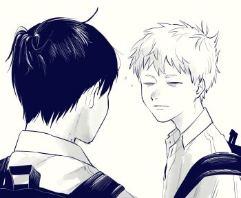 Rule 34 | 2boys, backpack, bag, closed eyes, closed mouth, collared shirt, commentary request, facing another, greyscale, highres, hikaru ga shinda natsu, indou hikaru, male focus, mokumokuren (mokmok len), mole, mole on neck, monochrome, multiple boys, multiple moles, official art, shirt, short eyebrows, short hair, simple background, squeans, tsujinaka yoshiki, white background