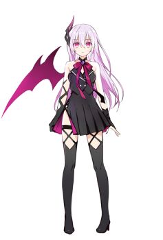 1girl bare_shoulders black_gloves black_jacket black_skirt black_thighhighs bow breasts closed_mouth demon_girl demon_horns demon_wings engage_kiss full_body gloves hair_between_eyes hair_ribbon henshin highres horns jacket kisara_(engage_kiss) long_hair looking_at_viewer official_art pink_eyes pink_hair pleated_skirt red_eyes red_ribbon ribbon side_slit simple_background single_horn single_wing sketch skirt sleeveless sleeveless_jacket solo standing thighhighs thighs transparent_background tsunako wings