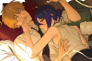 1boy 1girl bare_shoulders black_choker blonde_hair breasts cake chainsaw_man choker closed_mouth collared_shirt commentary_request confetti cream denji_(chainsaw_man) food green_eyes hair_between_eyes hair_bun highres long_hair_between_eyes looking_at_viewer lying on_back purple_hair reze_(chainsaw_man) shirt short_hair tongue tongue_out white_shirt yakool