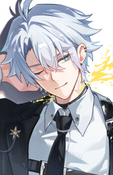 Rule 34 | 1boy, black jacket, black necktie, blue eyes, collared shirt, commentary, ear piercing, english commentary, grey hair, hand up, highres, holster, honkai: star rail, honkai (series), jacket, looking to the side, male focus, neck tattoo, necktie, phainon (honkai: star rail), piercing, shadow, shirt, simple background, smile, solo, splatter, sun symbol, sun tattoo, tan, tattoo, twitter username, upper body, uwon, white background, white shirt
