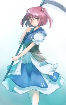 1girl beads black_sash blue_dress blush coin commentary_request dress feet_out_of_frame hair_beads hair_ornament hand_up holding holding_scythe no_fingers one-hour_drawing_challenge onozuka_komachi parted_lips puffy_sleeves rangycrow red_eyes red_hair sash scythe short_hair sideways_glance skirt solo touhou twintails white_background white_skirt