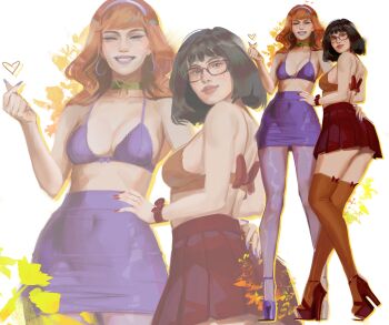 Rule 34 | 2girls, absurdres, bob cut, breasts, cleavage, daphne blake, dulapda, glasses, highres, large breasts, lingerie, long hair, multiple girls, pantyhose, pleated skirt, round eyewear, scooby-doo (series), skirt, striped clothes, underwear, velma dinkley