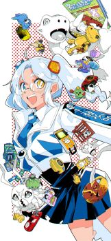 1girl absurdres agumon agumon_(digimon_savers) black_skirt blue_eyes book bug cosplay cowboy_shot d-3_(digimon) d-scanner digimental digimental_of_courage digimon digimon_(creature) digimon_card_game digimon_recollection digitama digivice digivice_ic egg fladramon gammamon glasses grey_hair greymon heterochromia highres jacket lilamon long_hair metalgarurumon nozomi_riko official_art omegamon omegamon_(cosplay) ookutsuwa_waga pegasmon second-party_source skirt solo_focus togemon toy twintails tyranomon v-mon vital_bracelet white_jacket wormmon yellow_eyes