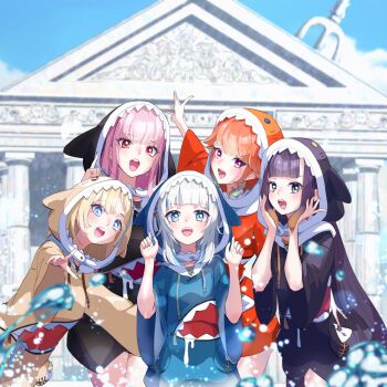 5girls :d absurdres animal_hood arm_up black_jacket blonde_hair blue_eyes blue_hair blue_jacket commentary cosplay drawstring earrings feather_earrings feathers fueppu gawr_gura gawr_gura_(1st_costume) gawr_gura_(cosplay) hands_up highres hololive hololive_english holomyth hood hood_up hooded_jacket index_finger_raised jacket jewelry long_hair looking_at_viewer matching_outfits mori_calliope multicolored_hair multiple_girls ninomae_ina&#039;nis open_mouth orange_hair orange_jacket pink_eyes pink_hair purple_eyes red_eyes shark_hood sharp_teeth smile streaked_hair symbol-only_commentary takanashi_kiara teeth two-tone_hair upper_teeth_only very_long_hair virtual_youtuber watson_amelia white_hair wide_sleeves yellow_jacket