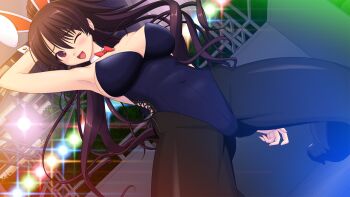1girl ;d animal_ears arm_behind_head arm_up armpits black_pantyhose blush bow bowtie breasts cleavage covered_navel detached_collar dutch_angle fake_animal_ears game_cg genseishinki_sacred_virth gluteal_fold hair_between_eyes high_heels high_ponytail indoors kneeling large_breasts large_variant_set leotard long_hair looking_at_viewer non-web_source official_art one_eye_closed open_mouth pantyhose playboy_bunny pole ponytail rabbit_ears red_bow red_bowtie red_eyes smile solo spotlight spread_legs stage stage_lights strapless strapless_leotard stripper_pole variant_set very_long_hair wrist_cuffs yuugure_pairo yuuki_setsu