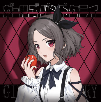 1girl absurdres apple black_bow black_bowtie black_hairband black_ribbon bow bowtie brown_hair clothing_cutout collared_shirt ebizuka_tomo fang fence food fruit girls_band_cry grey_hair hairband highres holding holding_food holding_fruit long_sleeves looking_at_viewer nuoweisenlin_tongren_gongzuoshi open_mouth parted_bangs puffy_long_sleeves puffy_sleeves red_eyes ribbon shirt short_hair shoulder_cutout solo suspenders text_background upper_body white_shirt