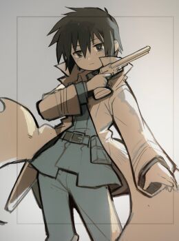 1girl :| absurdres aiming_up androgynous belt belt_buckle belt_pouch black_eyes black_hair border bright_pupils brown_coat buckle closed_mouth coat colt_1851_navy commentary cowboy_shot expressionless finger_on_trigger green_belt green_jacket green_pants grey_background gun hair_between_eyes handgun highres holding holding_gun holding_weapon jacket kino_(kino_no_tabi) kino_no_tabi light_blush long_sleeves open_clothes open_coat outside_border pants popped_collar pouch revolver short_hair sketch solo taru153 tomboy trench_coat very_short_hair weapon white_pupils wind wind_lift