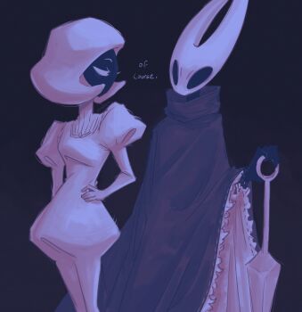 2girls arthropod_girl ayalace black_background black_skin blank_eyes cloak colored_skin eye_contact hand_on_own_hip hashtag-only_commentary highres holding holding_weapon hollow_eyes hollow_knight hollow_knight:_silksong hornet_(hollow_knight) juliet_sleeves lace_(hollow_knight) long_sleeves looking_at_another mask multiple_girls needle_(hollow_knight) puffy_sleeves red_cloak standing weapon white_eyes white_mask