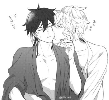 Rule 34 | 2boys, alternate hairstyle, biting, biting cheek, genshin impact, gils3105, greyscale, image sample, monochrome, multiple boys, open clothes, open robe, pixiv, pixiv sample, robe, tartaglia (genshin impact), white background, yaoi, zhongli (genshin impact)