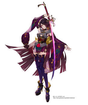 1girl arm_up atelier_(series) atelier_resleriana black_boots blue_thighhighs blunt_ends boots breasts cleavage closed_mouth copyright_notice detached_sleeves eyeliner full_body high_heel_boots high_heels highres holding holding_sword holding_weapon japanese_clothes kaburaya_(atelier) katana large_breasts long_hair long_sleeves looking_at_viewer makeup noco_(adamas) official_art purple_hair purple_sleeves red_eyeliner red_eyes simple_background solo standing sword tachi-e thighhighs very_long_hair weapon white_background wide_sleeves